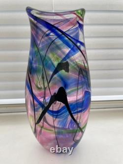 Art glass vase Norman Stuart Clarke large 2002 21cm tall blue/pink/green/black