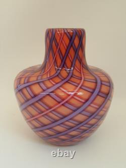 Artisan studio art glass vase swirl purple pink check 9.5 tall