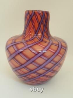 Artisan studio art glass vase swirl purple pink check 9.5 tall