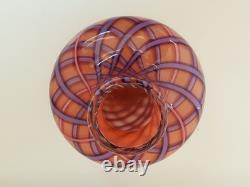 Artisan studio art glass vase swirl purple pink check 9.5 tall