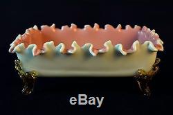 Awesome Peachblow Stourbridge Footed Ruffled Candy Dish Pink Amber Milk Glass