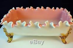 Awesome Peachblow Stourbridge Footed Ruffled Candy Dish Pink Amber Milk Glass