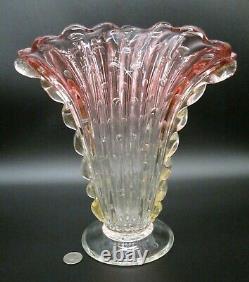 BAROVIER TOSO Murano Art Glass BIG 11 Ribbed Pink Aventurine Gold Bubbles Vase