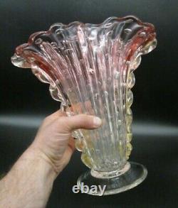 BAROVIER TOSO Murano Art Glass BIG 11 Ribbed Pink Aventurine Gold Bubbles Vase