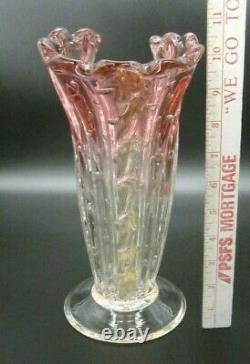 BAROVIER TOSO Murano Art Glass BIG 11 Ribbed Pink Aventurine Gold Bubbles Vase