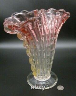 BAROVIER TOSO Murano Art Glass BIG 11 Ribbed Pink Aventurine Gold Bubbles Vase