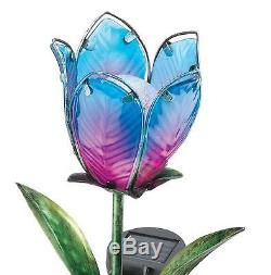 BLUE & PINK TULIP Flower Solar Light Garden Stake Creekwood Regal Art & Gift Box