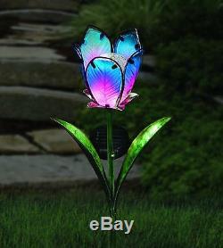 BLUE & PINK TULIP Flower Solar Light Garden Stake Creekwood Regal Art & Gift Box