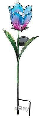 BLUE & PINK TULIP Flower Solar Light Garden Stake Creekwood Regal Art & Gift Box