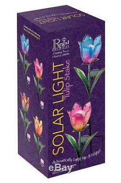 BLUE & PINK TULIP Flower Solar Light Garden Stake Creekwood Regal Art & Gift Box