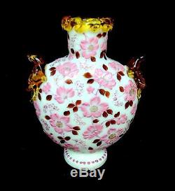 BOHEMIAN LOBMEYR OPALINE URANIUM GLASS PINK FLORAL AMBER RIGAREE 6 VASE 1800s
