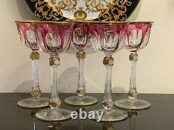 Baccarat Antique Fine and Rare Set Five Pink and Gold Gilt Wine Glasses