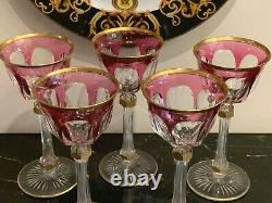 Baccarat Antique Fine and Rare Set Five Pink and Gold Gilt Wine Glasses