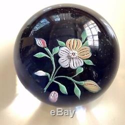 Baccarat Paper Weight Signed Blue Gold Pink White Flower Green Leaves Dated 1971