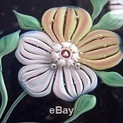 Baccarat Paper Weight Signed Blue Gold Pink White Flower Green Leaves Dated 1971