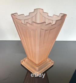 Bagley'Grantham' Art Deco Frosted Pink Crystal Glass Vase Antique 1930 Rare