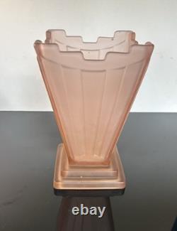 Bagley'Grantham' Art Deco Frosted Pink Crystal Glass Vase Antique 1930 Rare