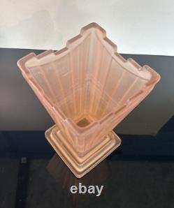 Bagley'Grantham' Art Deco Frosted Pink Crystal Glass Vase Antique 1930 Rare