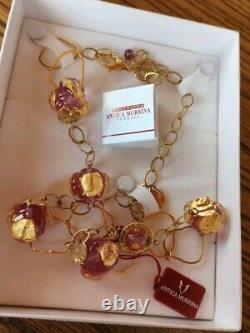 Beautiful Antica Murrina Italian Pink Art Glass Gold Tone Adjustable Necklace