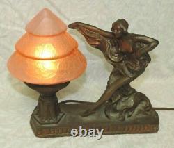 Beautiful Antique Art Nouveau Nude Lamp Pink Beehive Czech Shade