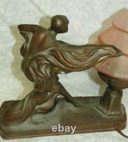 Beautiful Antique Art Nouveau Nude Lamp Pink Beehive Czech Shade