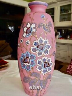 Beautiful Antique Victorian Art Glass Poschinger Kristallerie Enameled Pink Vase