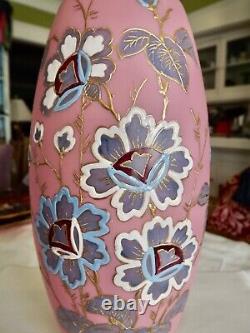 Beautiful Antique Victorian Art Glass Poschinger Kristallerie Enameled Pink Vase