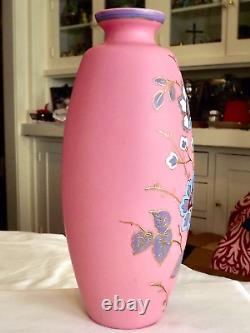 Beautiful Antique Victorian Art Glass Poschinger Kristallerie Enameled Pink Vase