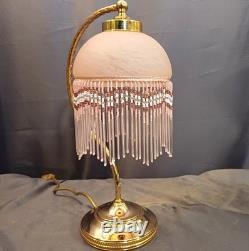 Beautiful Art Deco swan neck beaded lamp. Pink opaque glass shade beaded fringe