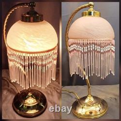 Beautiful Art Deco swan neck beaded lamp. Pink opaque glass shade beaded fringe