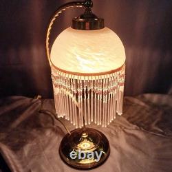 Beautiful Art Deco swan neck beaded lamp. Pink opaque glass shade beaded fringe