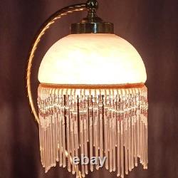 Beautiful Art Deco swan neck beaded lamp. Pink opaque glass shade beaded fringe