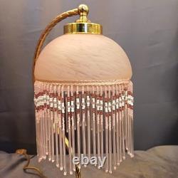 Beautiful Art Deco swan neck beaded lamp. Pink opaque glass shade beaded fringe