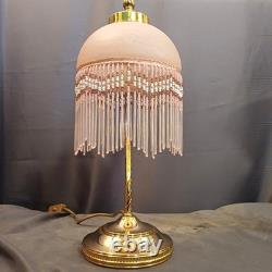 Beautiful Art Deco swan neck beaded lamp. Pink opaque glass shade beaded fringe