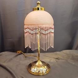 Beautiful Art Deco swan neck beaded lamp. Pink opaque glass shade beaded fringe