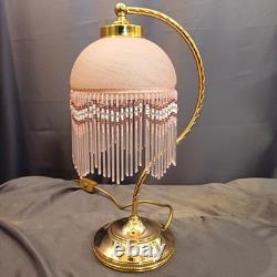 Beautiful Art Deco swan neck beaded lamp. Pink opaque glass shade beaded fringe