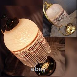Beautiful Art Deco swan neck beaded lamp. Pink opaque glass shade beaded fringe