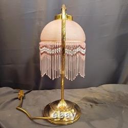 Beautiful Art Deco swan neck beaded lamp. Pink opaque glass shade beaded fringe