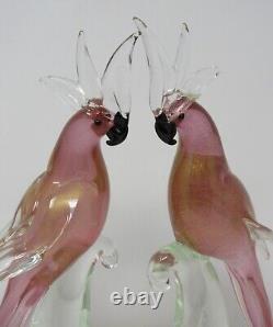 Beautiful Murano Parrots Pink & Gold Pair Art Glass Hand Blown Vintage