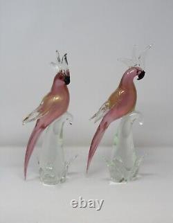 Beautiful Murano Parrots Pink & Gold Pair Art Glass Hand Blown Vintage