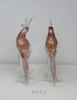 Beautiful Murano Parrots Pink & Gold Pair Art Glass Hand Blown Vintage