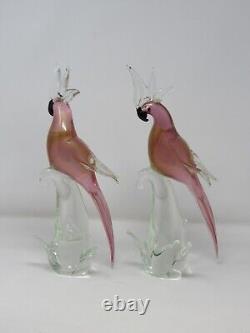 Beautiful Murano Parrots Pink & Gold Pair Art Glass Hand Blown Vintage