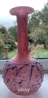 Beautiful Pink Scavo Murano Glass Bottle Vase with Blue splatter Detail