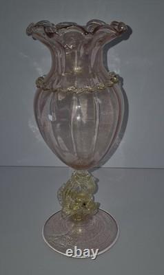 Beautiful Pink with Gold Murano Art Glass Footed Dolphin Vase 1474