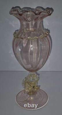 Beautiful Pink with Gold Murano Art Glass Footed Dolphin Vase 1474