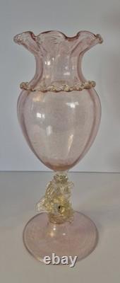 Beautiful Pink with Gold Murano Art Glass Footed Dolphin Vase 1474