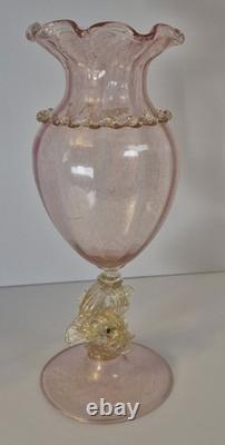 Beautiful Pink with Gold Murano Art Glass Footed Dolphin Vase 1474
