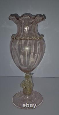 Beautiful Pink with Gold Murano Art Glass Footed Dolphin Vase 1474