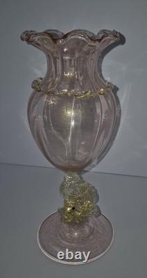 Beautiful Pink with Gold Murano Art Glass Footed Dolphin Vase 1474