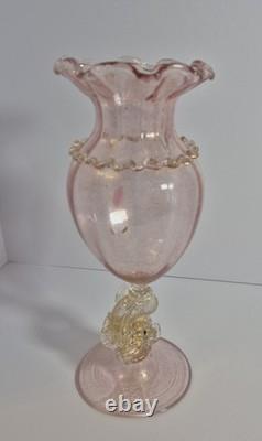 Beautiful Pink with Gold Murano Art Glass Footed Dolphin Vase 1474